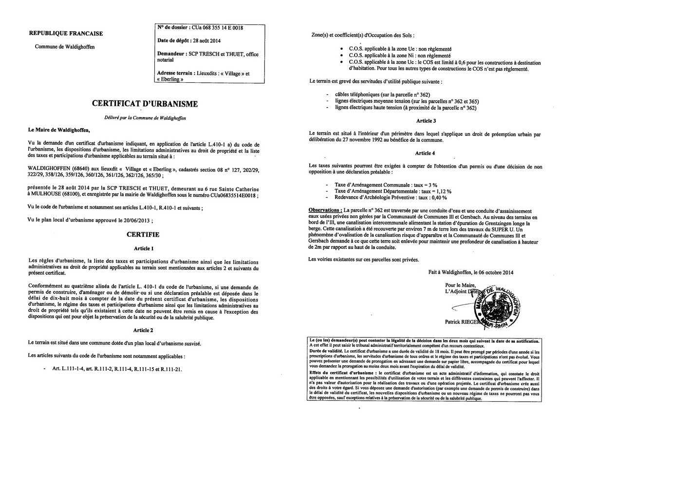 Certificat d'urbanisme délivré à la SCP TRESCH ET THUET, office notarial