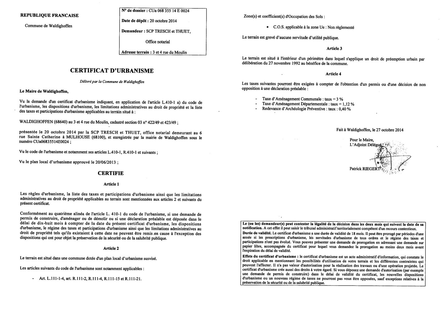 Certificat d'urbanisme délivré à la SCP TRESCH et THUET, office notarial