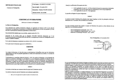 Certificat d'urbanisme délivré à Madame FOLZER Gabrielle