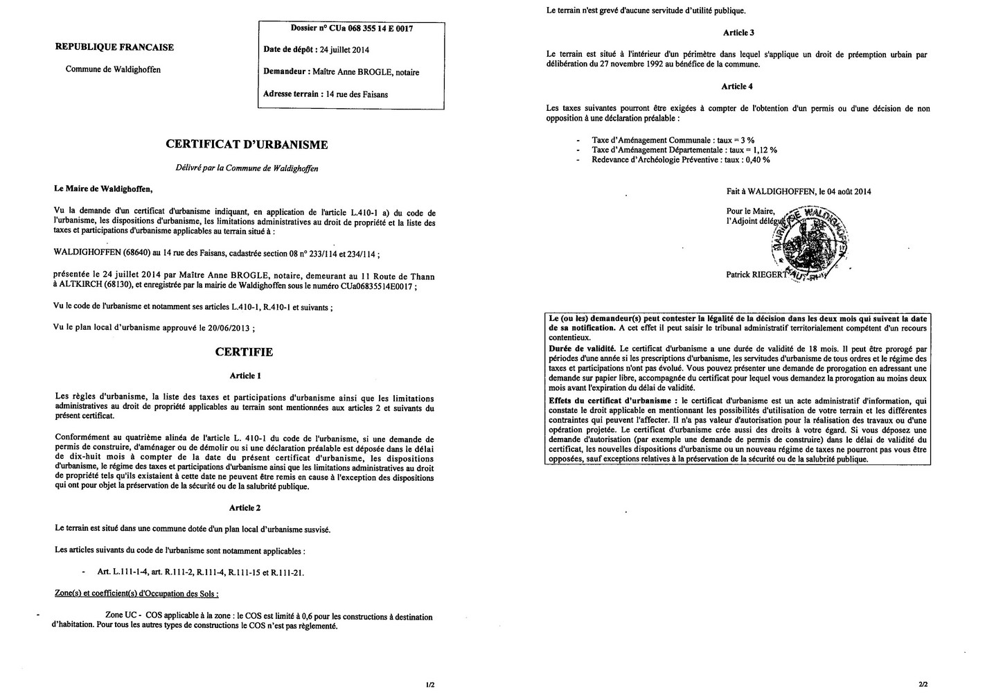 Certificat d'urbanisme délivré à Maître Anne BROGLE, notaire