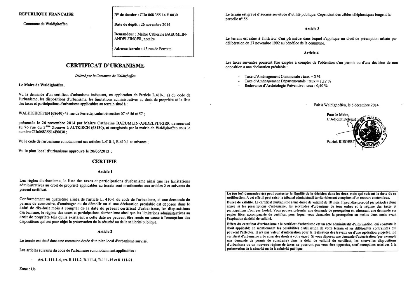 Certificat d'urbanisme délivré à Maître BAEUMLIN-ANDELFINGER, notaire