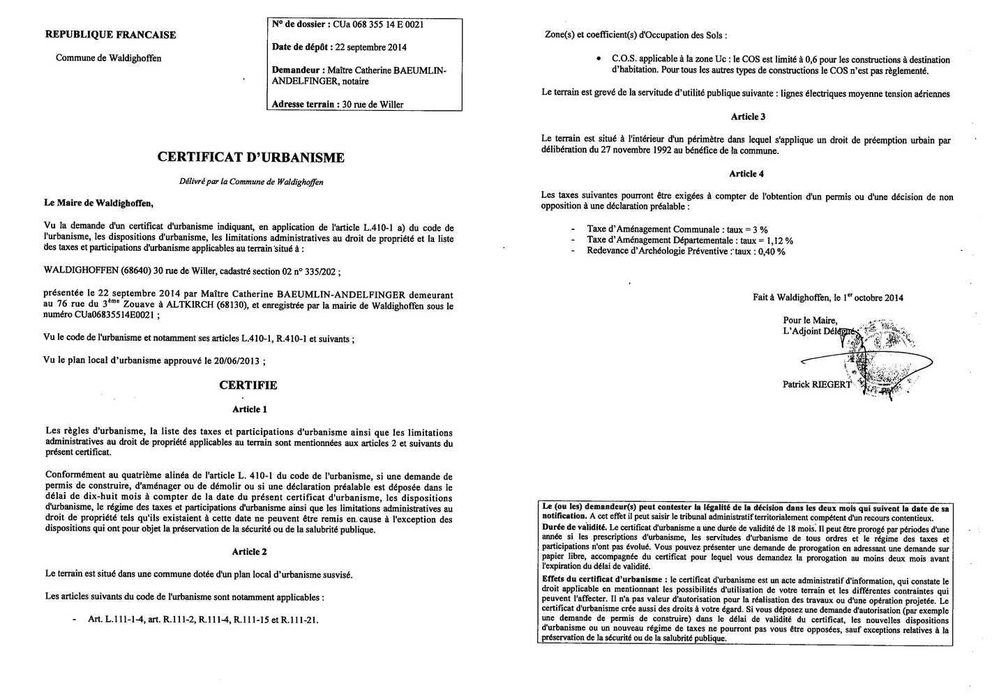 Certificat d'urbanisme délivré à Maître Catherine BAEUMLIN-ANDELFINGER