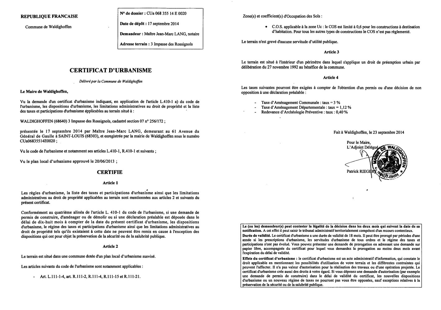 Certificat d'urbanisme délivré à Maître Jean-Marc LANG