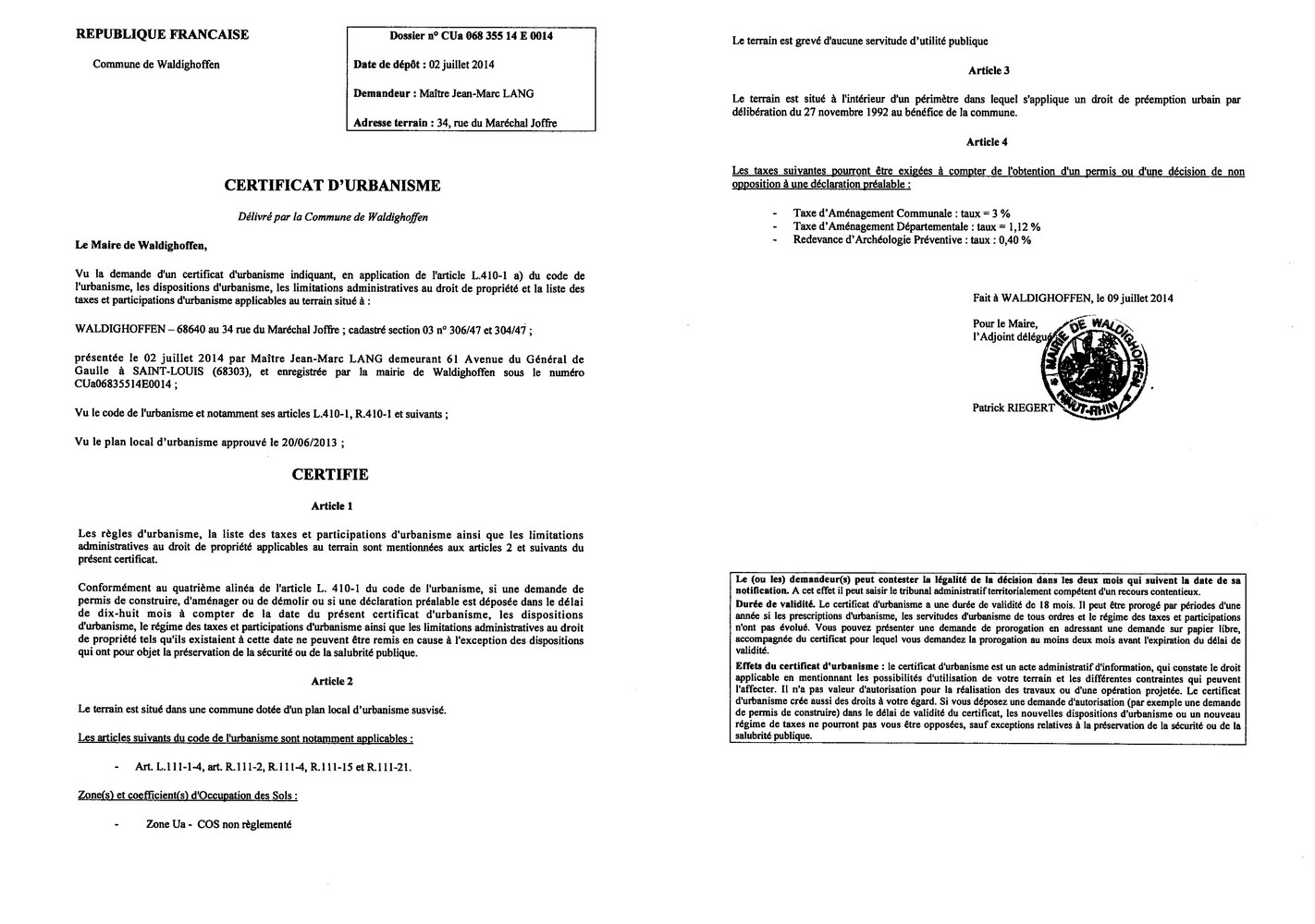 Certificat d'urbanisme délivré à Maître Jean-Marc LANG, notaire