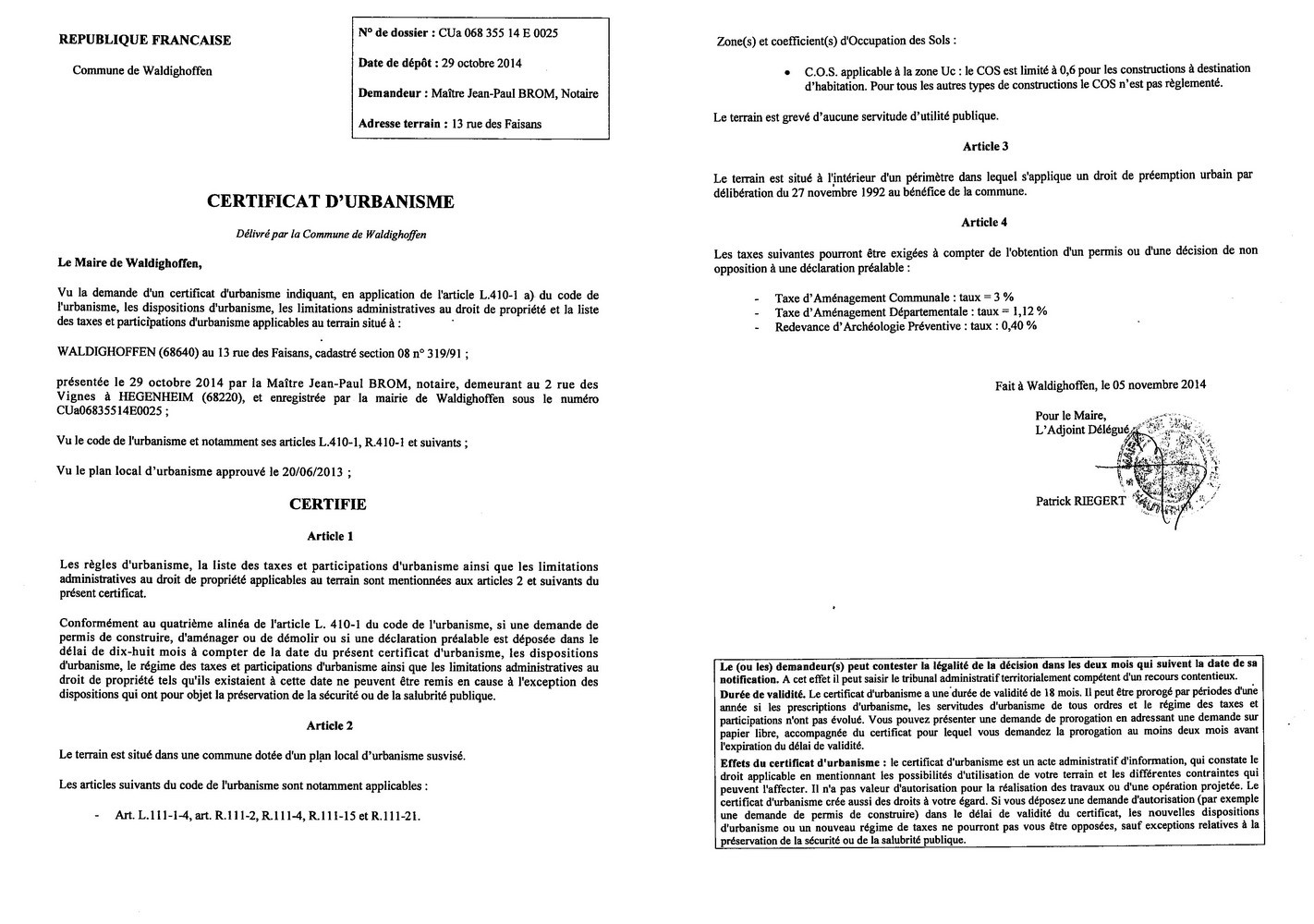 Certificat d'urbanisme délivré à Maître Jean-Paul BROM, notaire