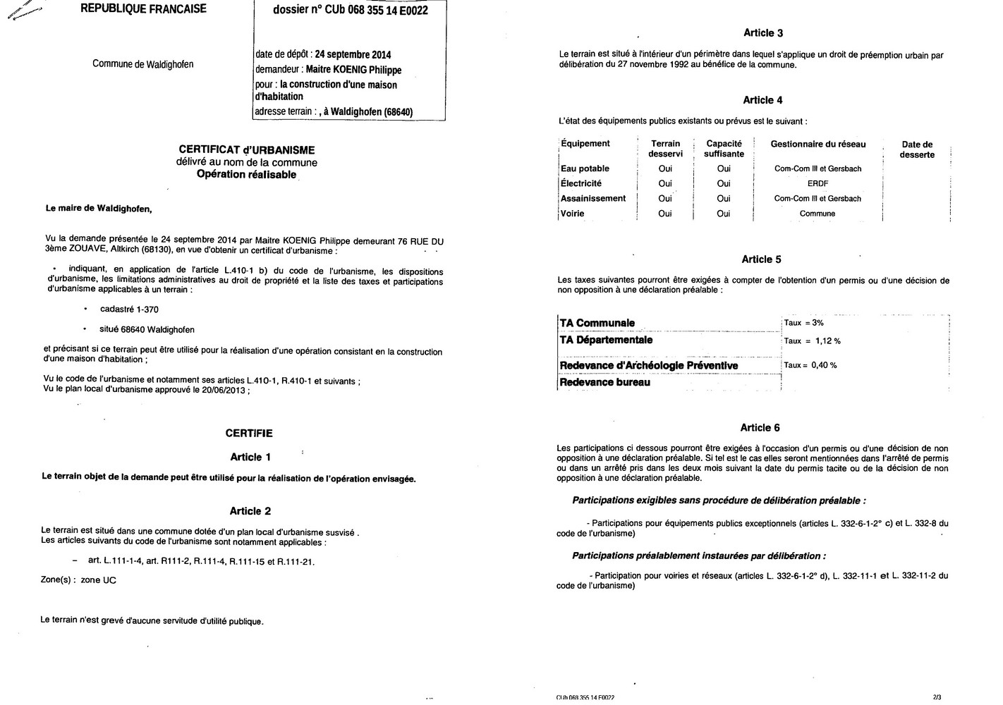 Certificat d'urbanisme délivré à Maître KOENIG, notaire