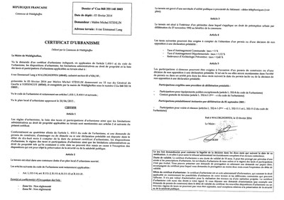 Certificat d'urbanisme délivré à Maître Michel STEHLIN