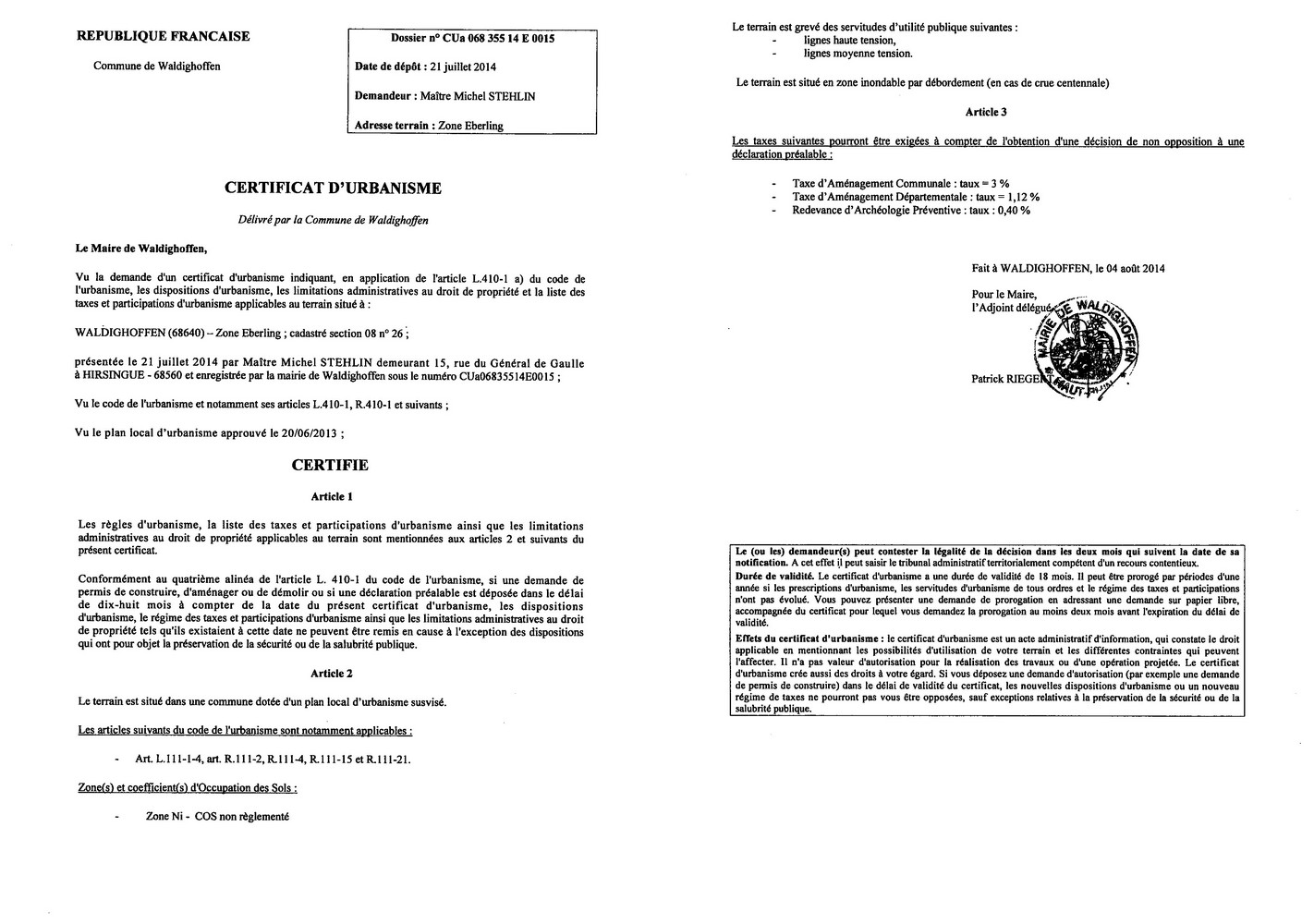 Certificat d'urbanisme délivré à Maître Michel STEHLIN, notaire