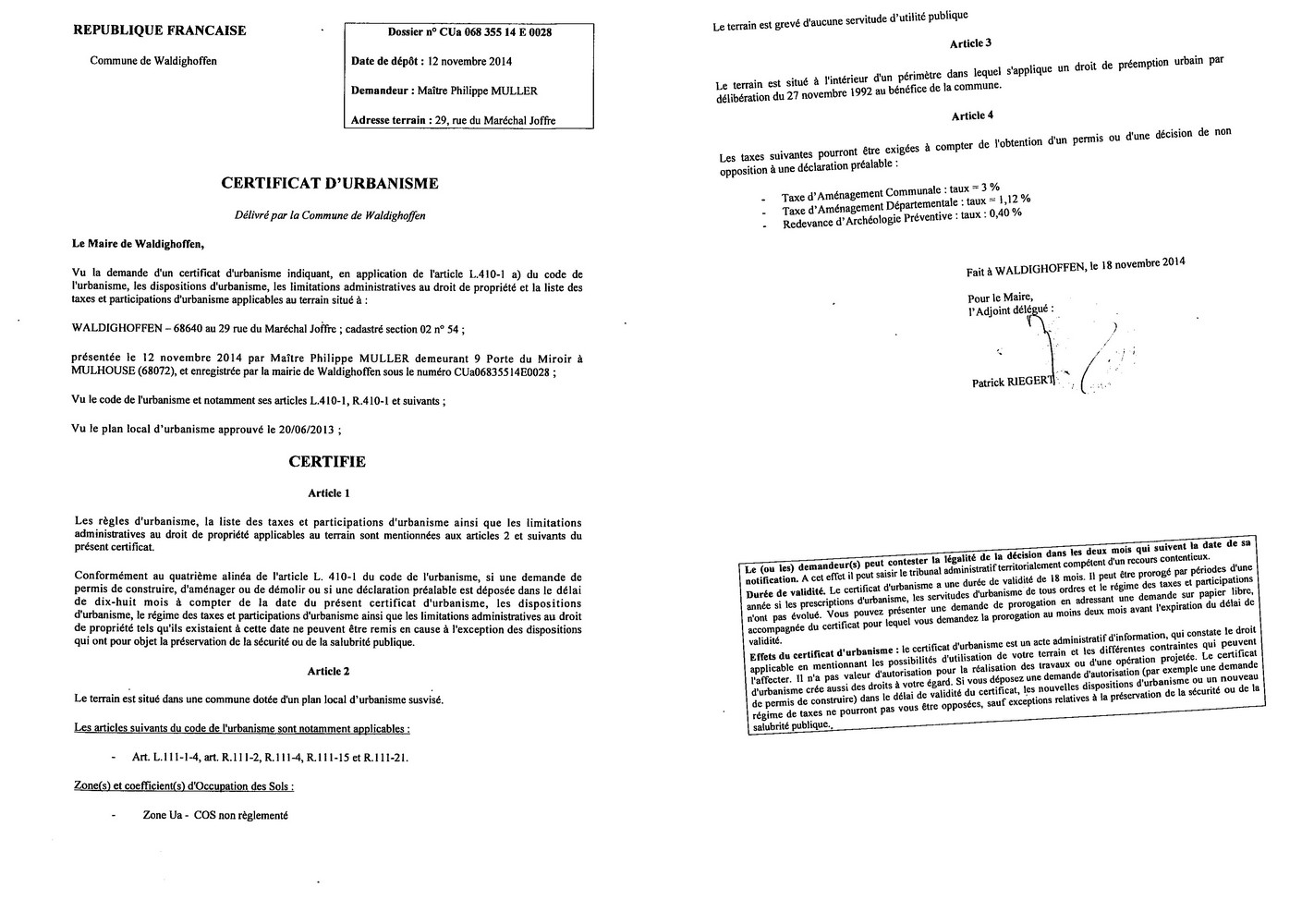 Certificat d'urbanisme délivré à Maître MULLER, notaire