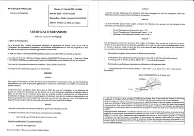 Certificat d'urbanisme délivré à Maître Nathalie CHASSIGNET
