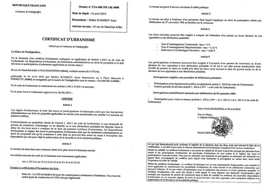 Certificat d'urbanisme délivré à Maître SCHMIDT Anne