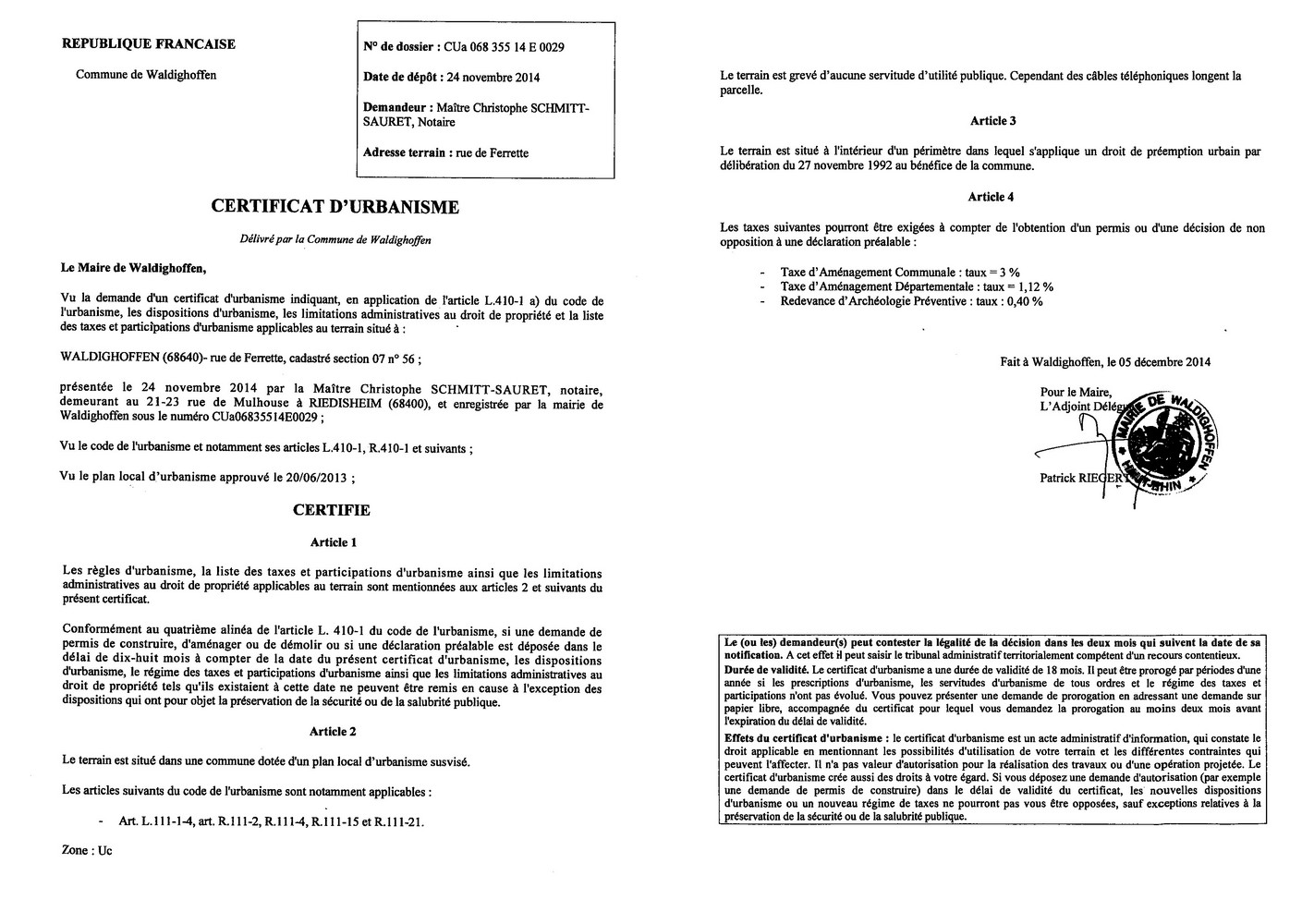 Certificat d'urbanisme délivré à Maître SCHMITT-SAURET, notaire