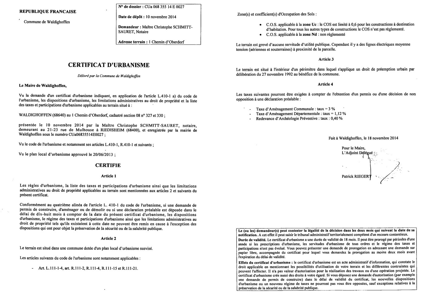Certificat d'urbanisme délivré à Maître SCHMITT-SAURET, notaire