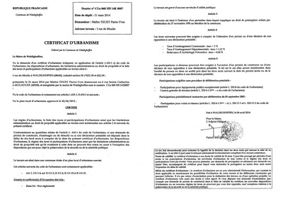 Certificat d'urbanisme délivré à Maître THUET Pierre-Yves