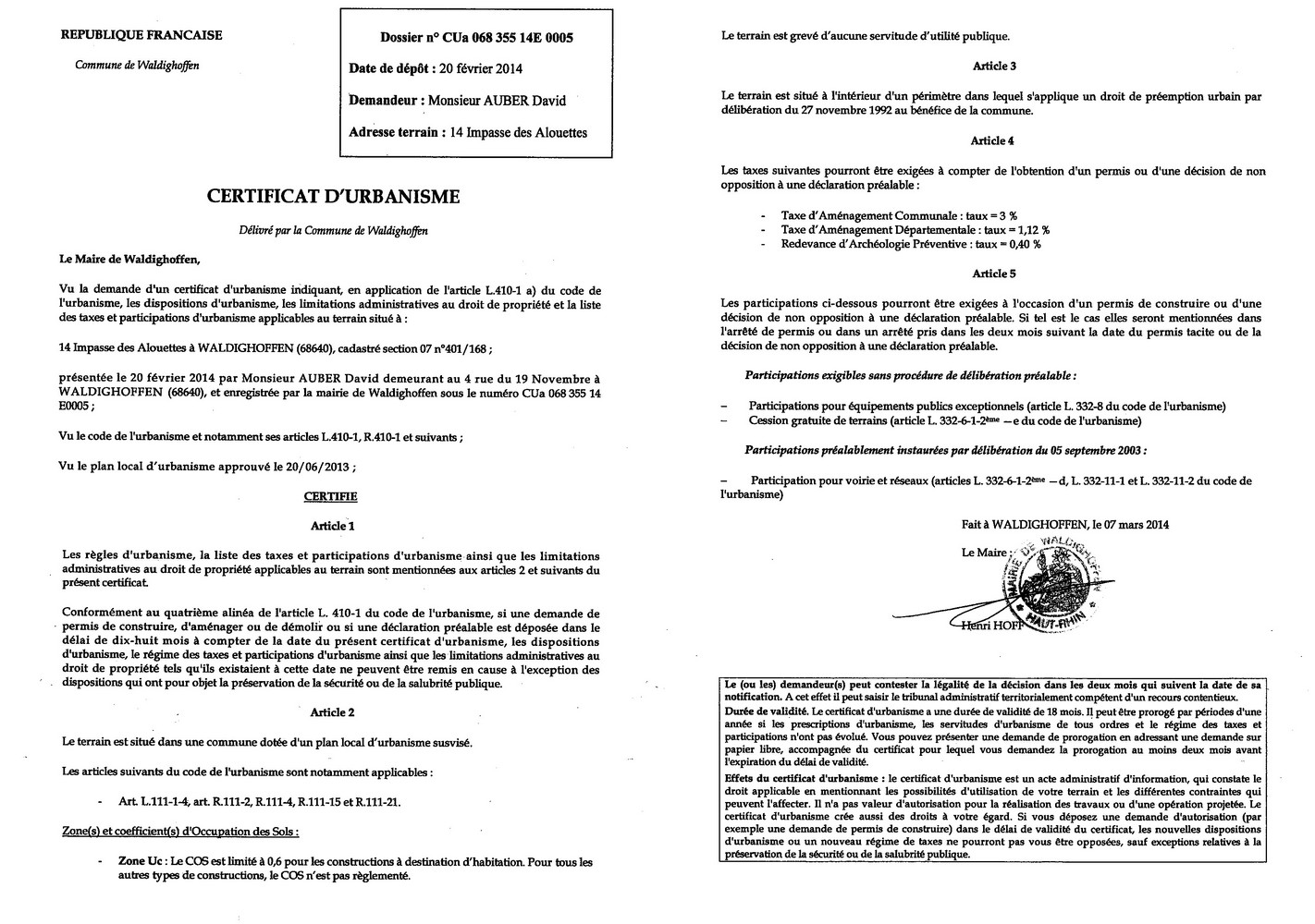 Certificat d'urbanisme délivré à Monsieur AUBER David