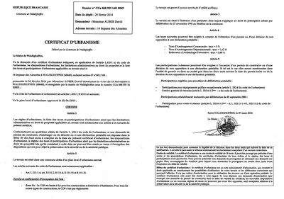 Certificat d'urbanisme délivré à Monsieur AUBER David