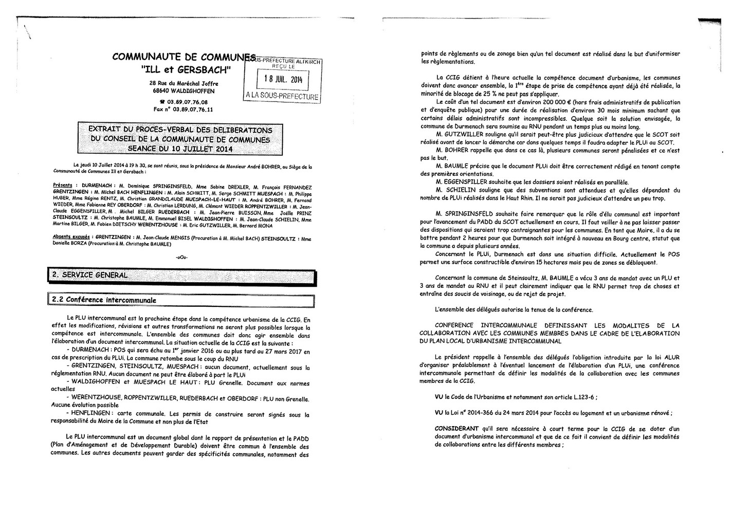 Communauté de Communes Ill et Gersbach : procès verbal de la séance du 10 juillet 2014