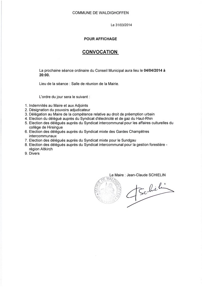 Convocation Conseil Municipal le 04.04.2014