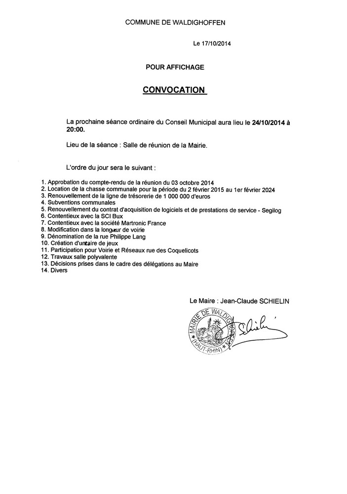Convocation du Conseil Municipal le vendredi 24 octobre 2014