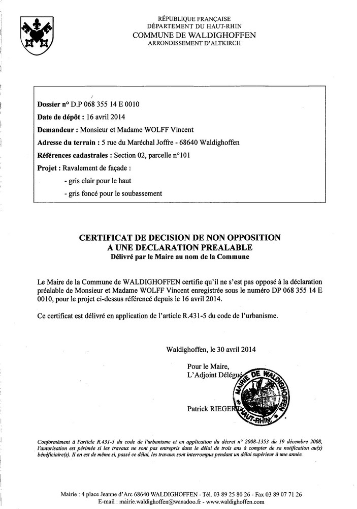 Décision à la déclaration préalable de M. et Mme WOLFF Vincent