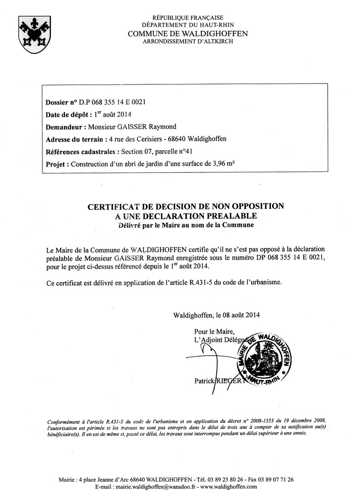 Décision à la déclaration préalable de M. GAISSER Raymond