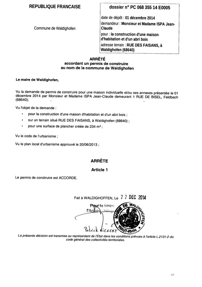 Décision à la demande de construire de M.et Mme ISPA Jean-Claude