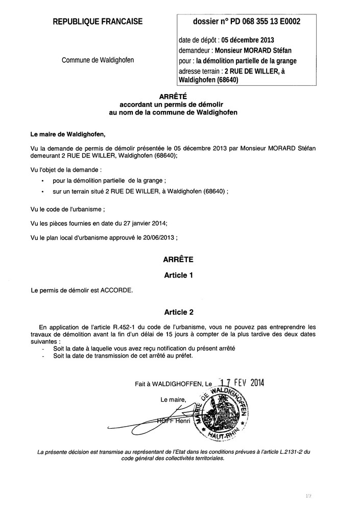 Décision à la demande de permis de démolir de Monsieur MORARD Stefan