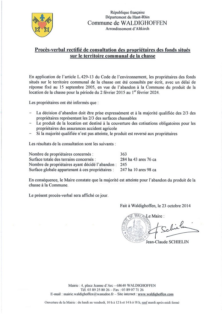 Procès-verbal rectificatif - location de la chasse communale