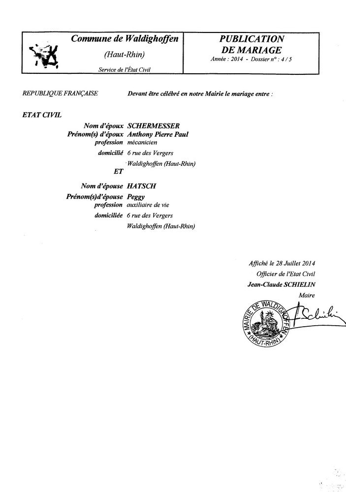 Publication de mariage entre M. SCHERMESSER et Mlle HATSCH