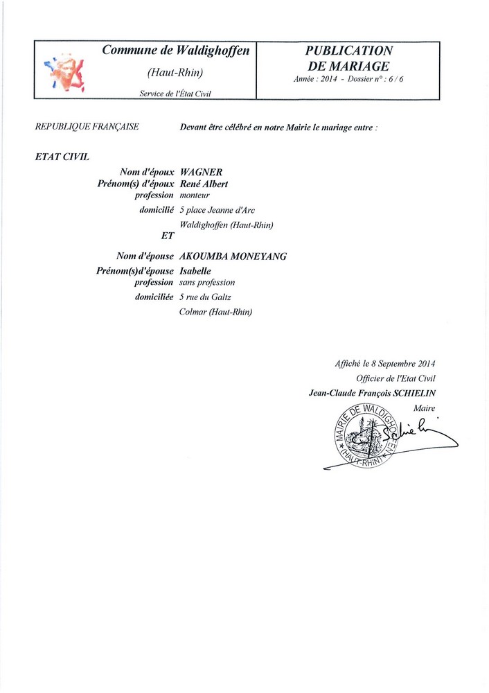 Publication de mariage entre M. WAGNER et Mlle AKOUMBA MONEYANG