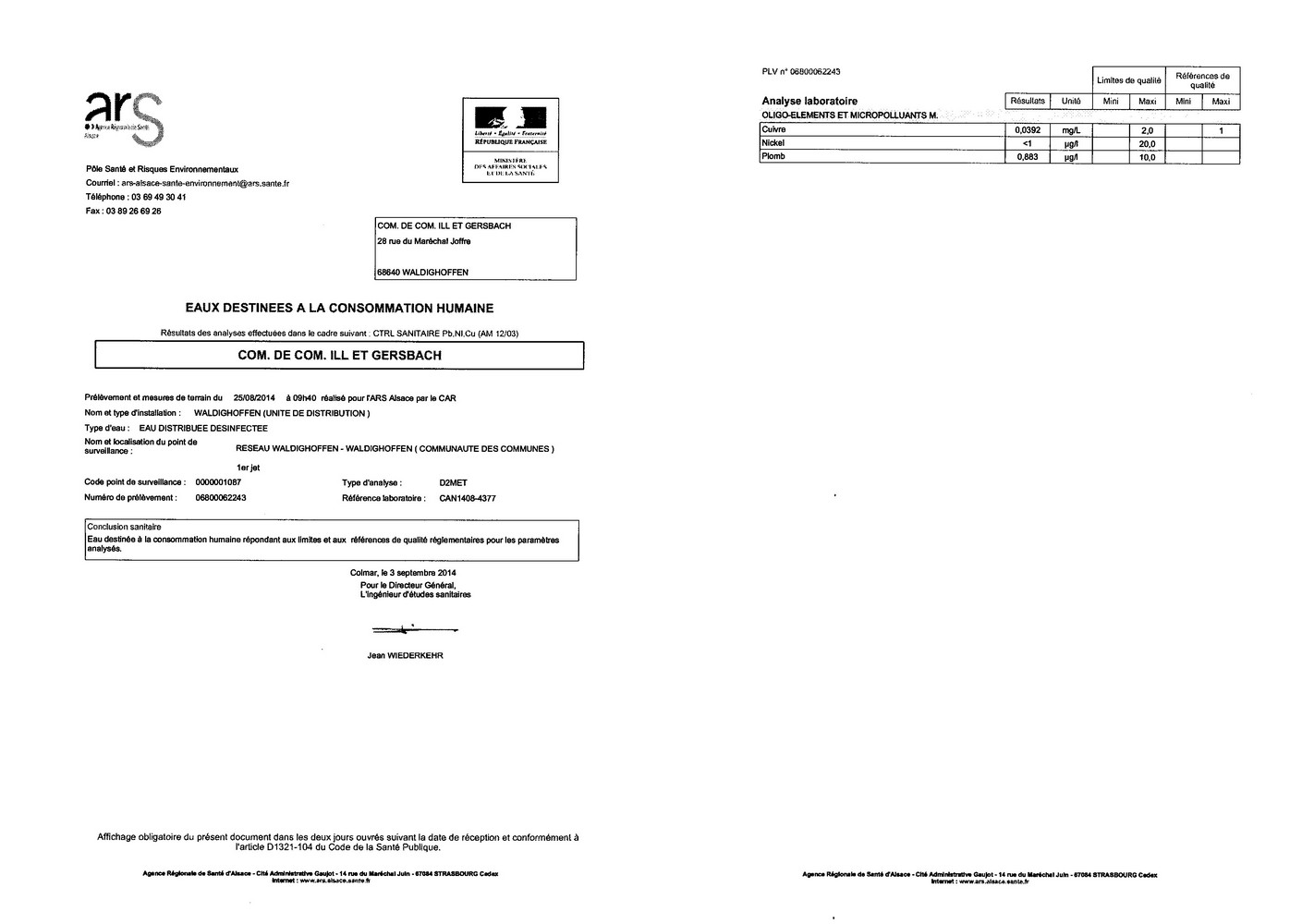 Rapport d'analyse d'eau potable du 03 septembre 2014