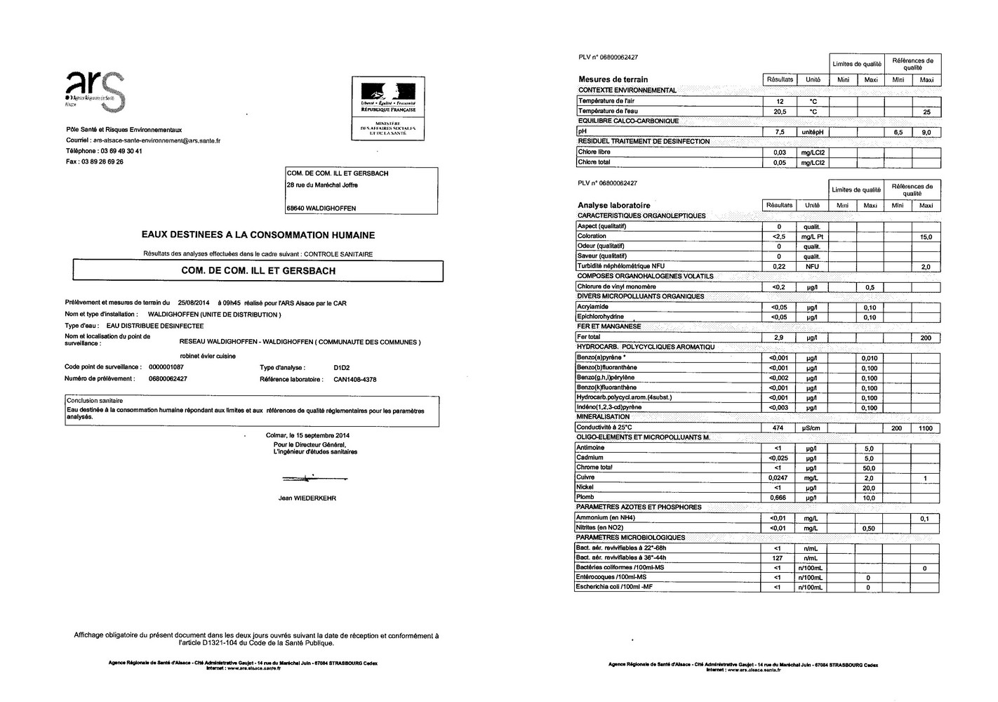 Rapport d'analyse d'eau potable du 15 septembre 2014