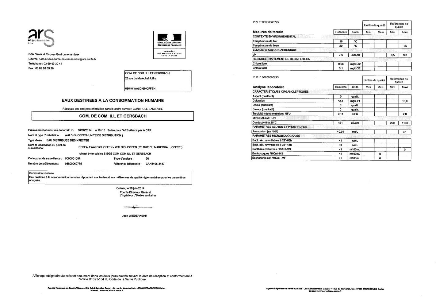 Rapport d'analyse d'eau potable du 20 juin 2014