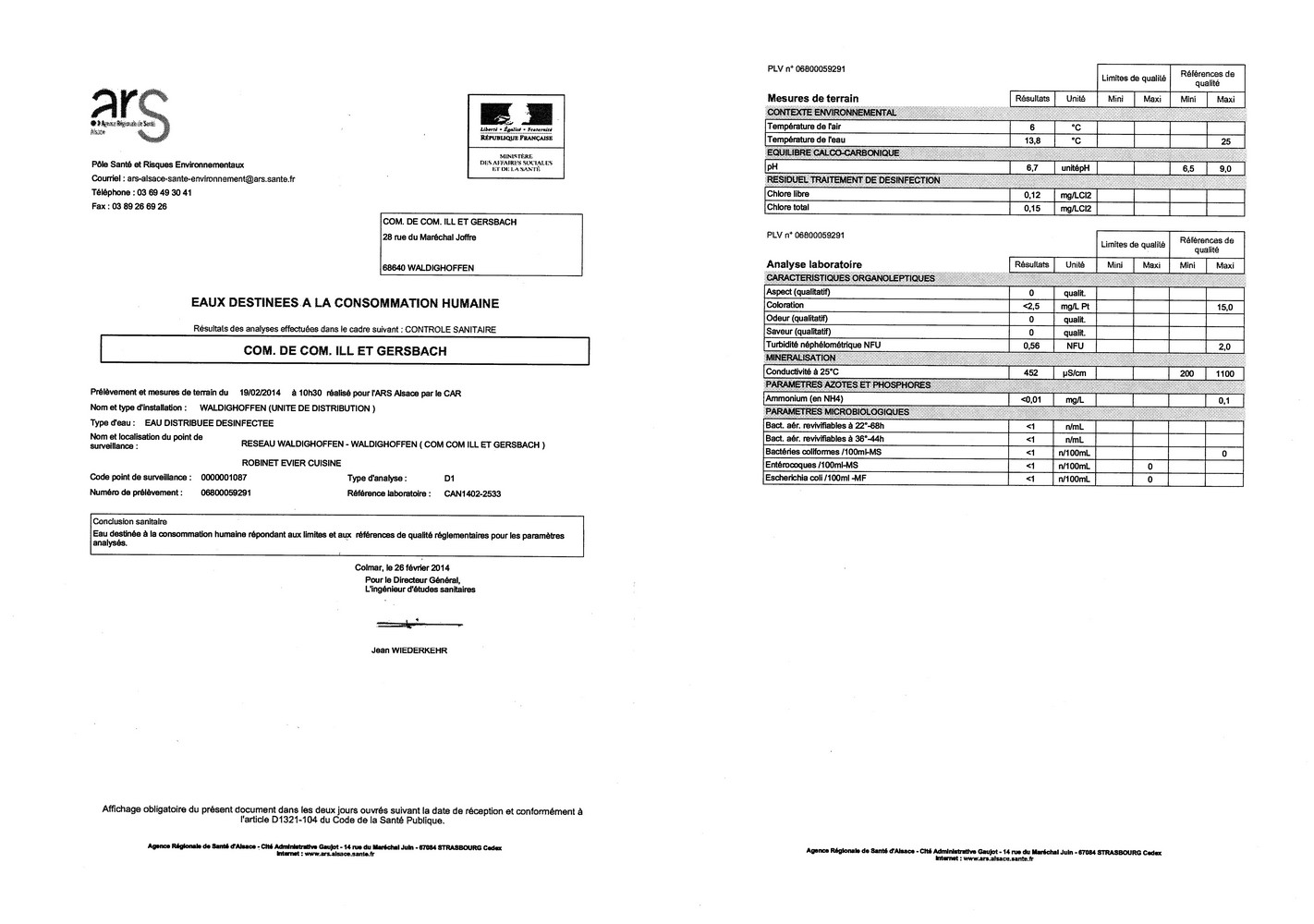 Rapport d'analyse d'eau potable du 26.02.2014