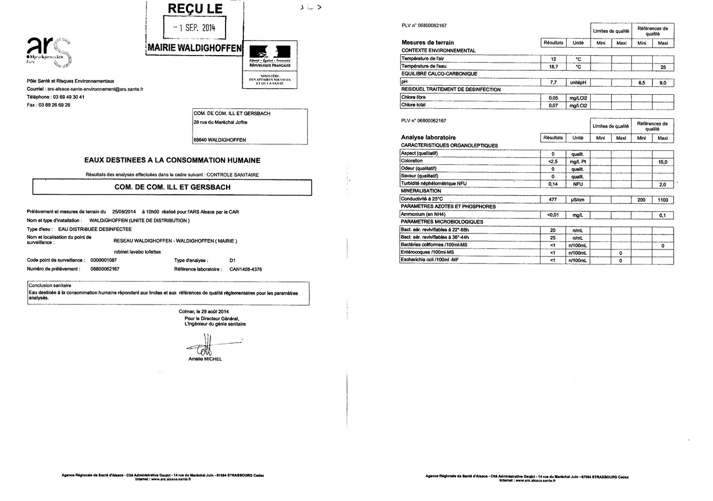 Rapport d'analyse d'eau potable du 29 août 2014
