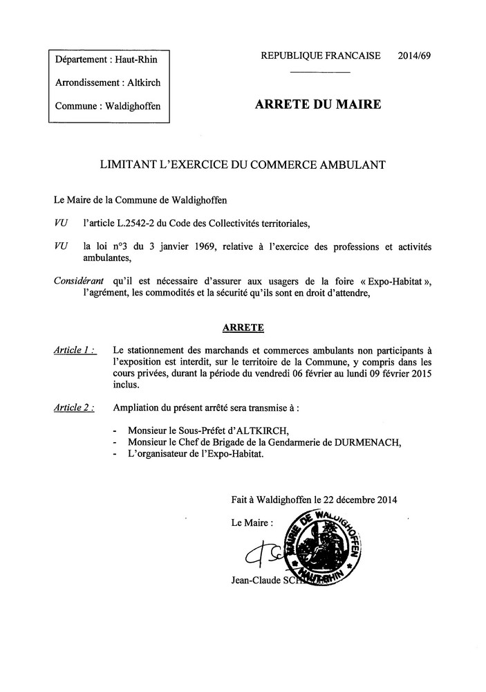 Arrêté 2014/69 - limitant l'exercice du commerce ambulant