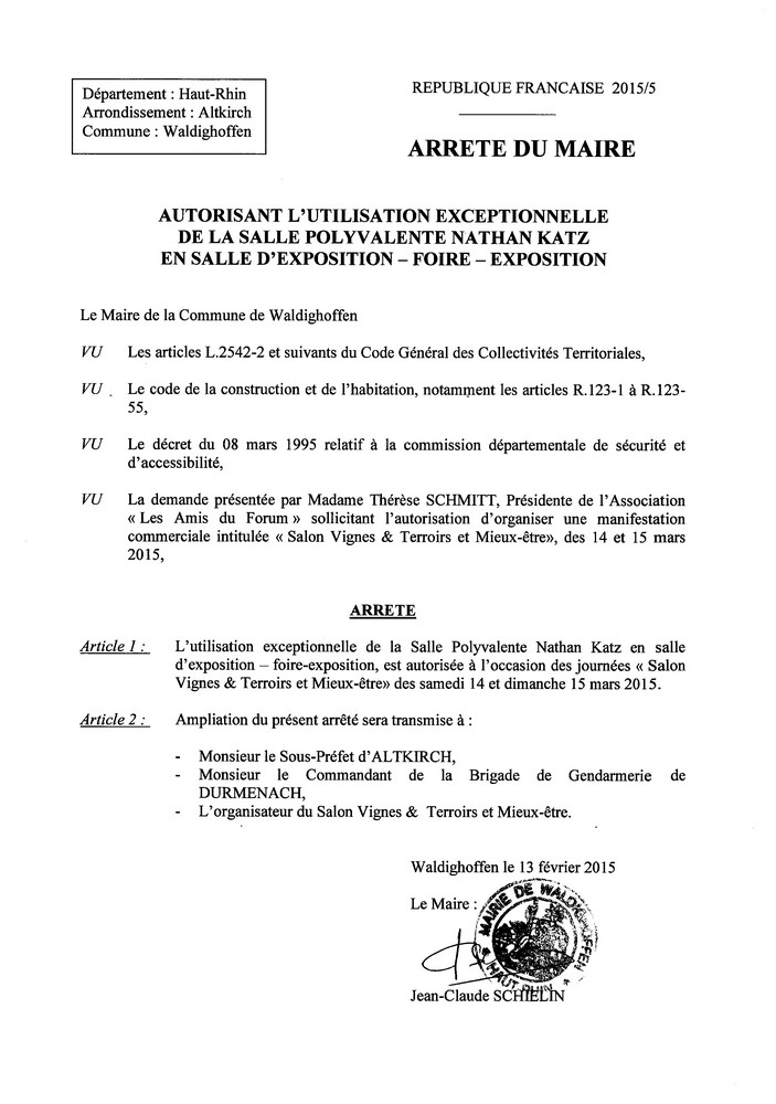 Arrêté du Maire - utilisation de la salle polyvalente