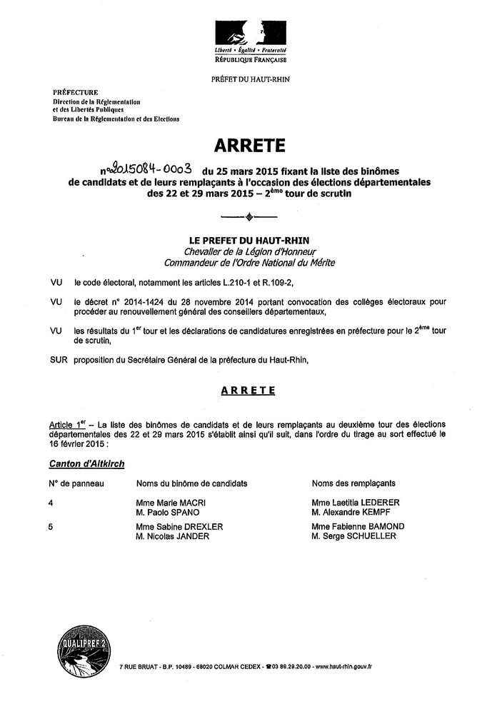 Arrêté préfectoral - élections départementales des 22 et 29 mars 2015