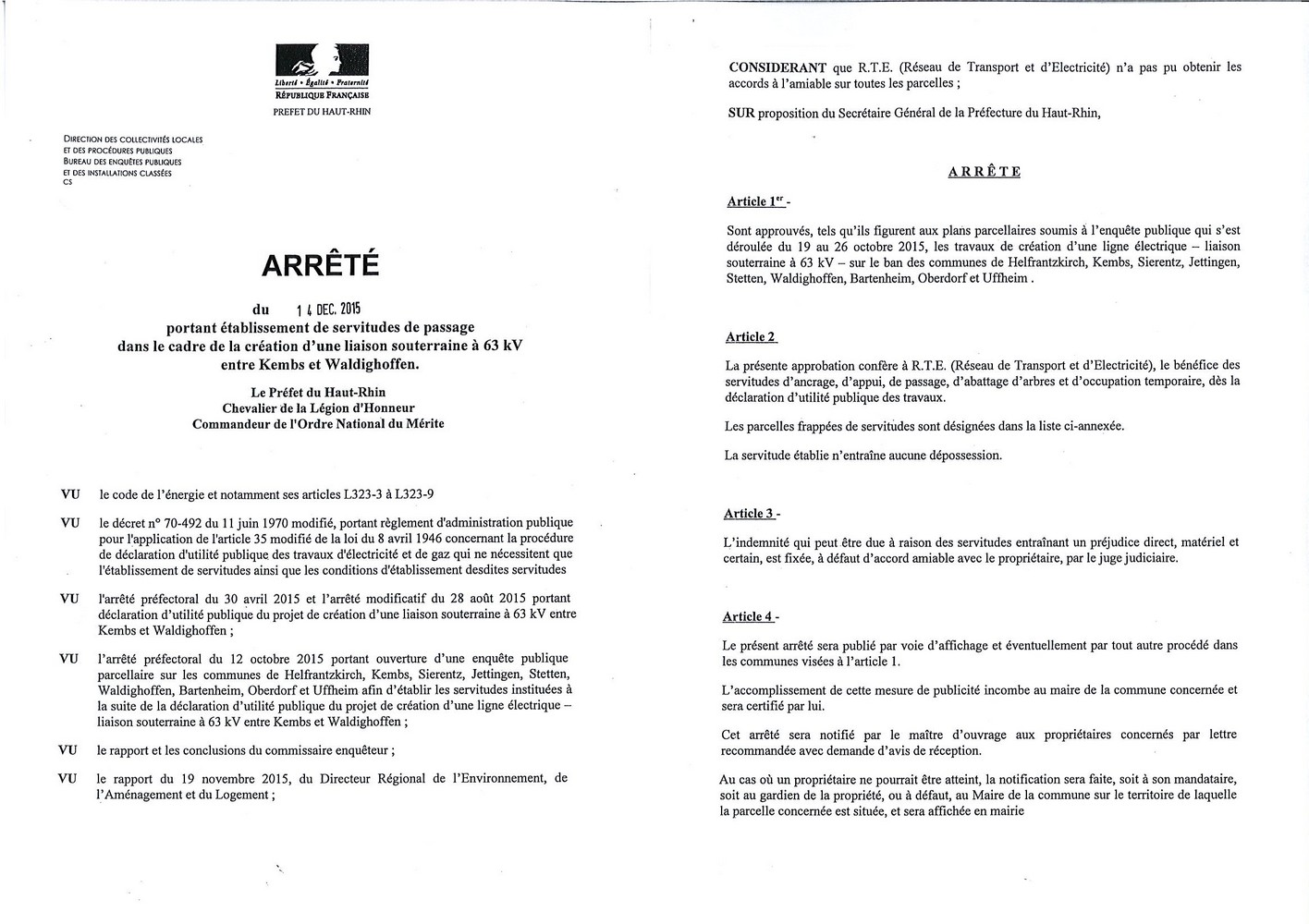 Arrêté préfectoral : liaison KEMBS-WALDIGHOFFEN