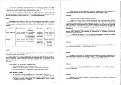 Arrêté préfectoral - modalités de destruction des animaux classés nuisibles