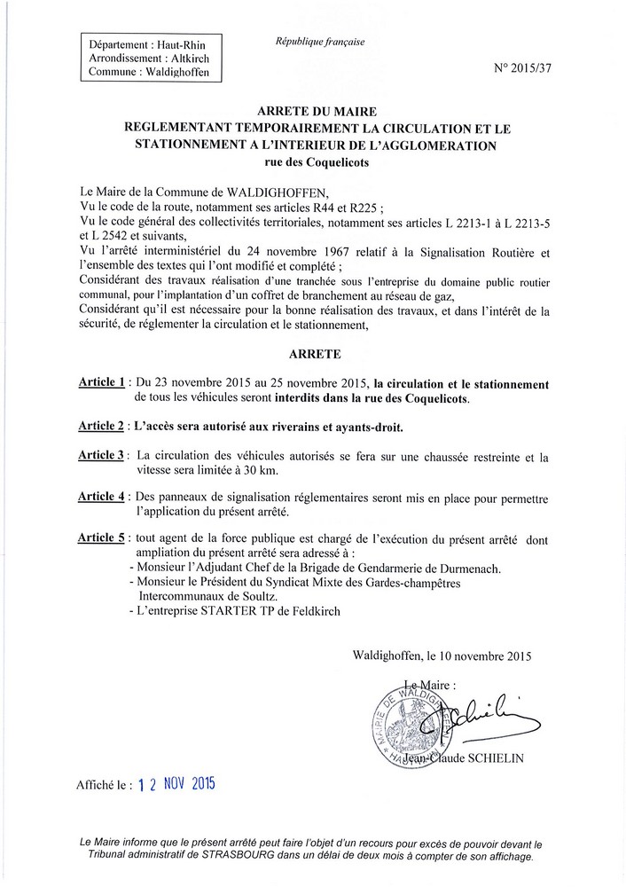 Arrêté règlementant la circulation - rue des Coquelicots