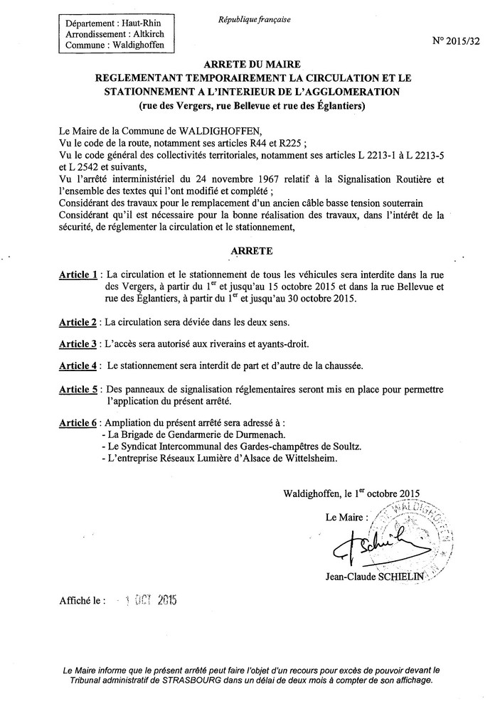 Arrêté réglementant la circulation rue des Vergers, rue Bellevue et rue des Egantiers