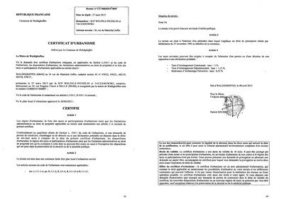 Certificat d'urbanisme délivré à la SCP WELFELE-PICHELIN et TACZANOWSKI, office notarial