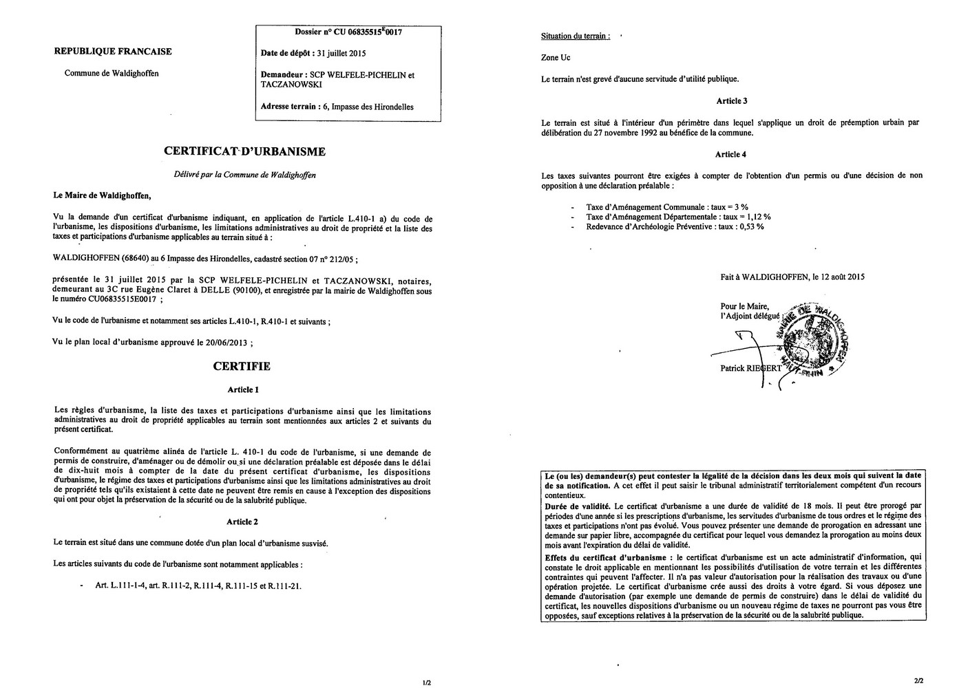 Certificat d'urbanisme délivré à la SCP WELFELE-PICHELIN et TACZANOWSKI