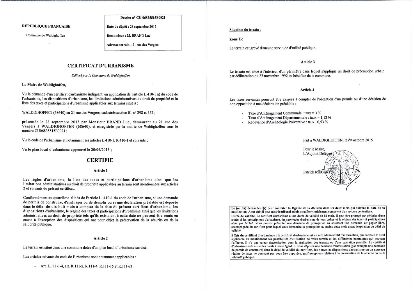 Certificat d'urbanisme délivré à M. BRAND Luc