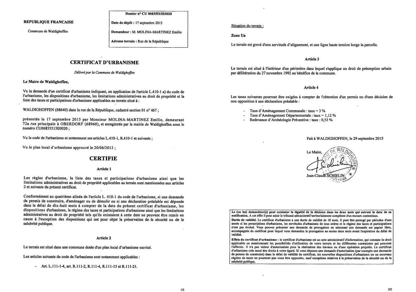 Certificat d'urbanisme délivré à M. MOLINA-MARTINEZ