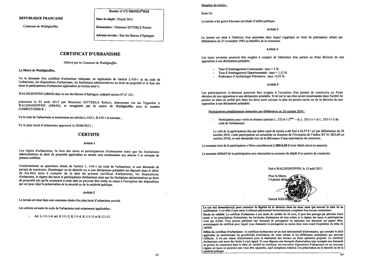 Certificat d'urbanisme délivré à M. SITTERLE