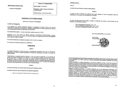 Certificat d'urbanisme délivré à Maître Catherine BAEUMLIN-ANDELFINGER, notaire