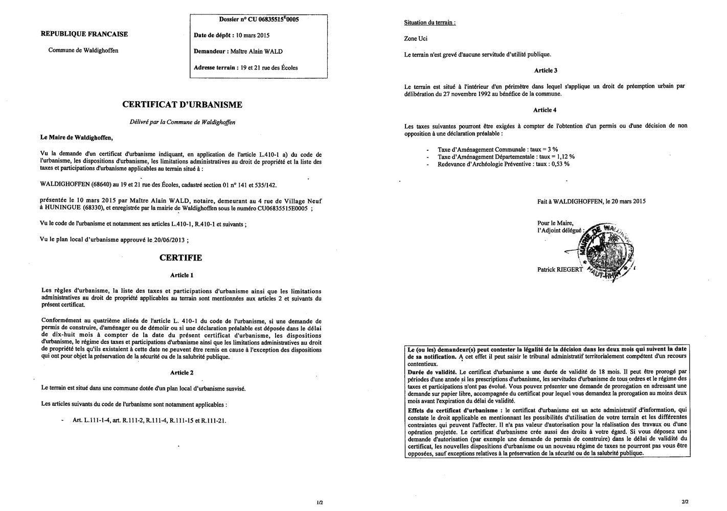 Certificat d'urbanisme délivré à Maître WALD, notaire