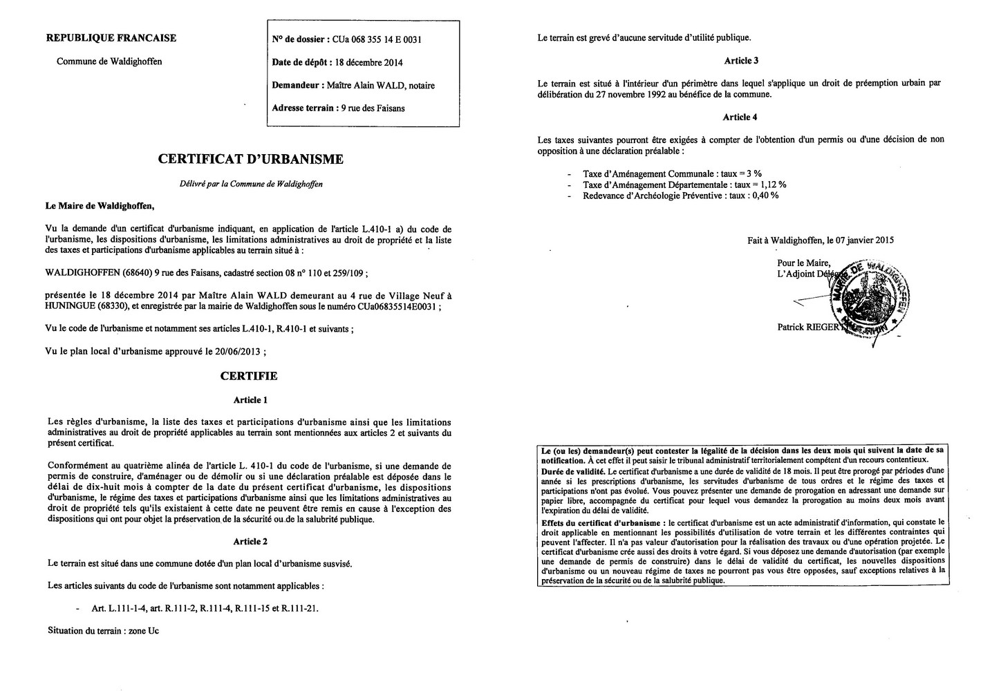 Certificat d'urbanisme délivré à Maître WALD, notaire